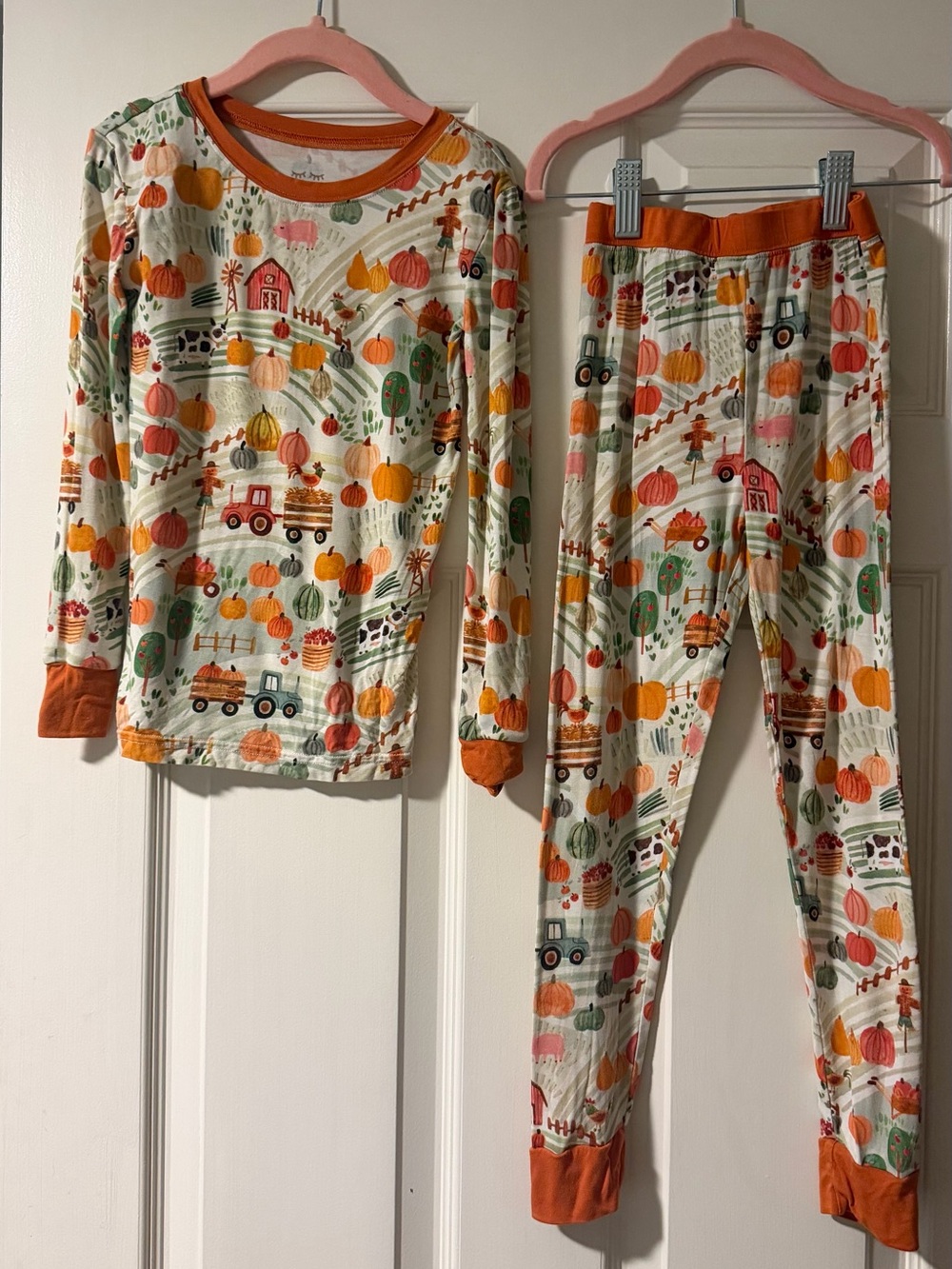 LITTLE SLEEPIES Kids Long-Sleeve Pumpkin Farm Pajama Set - Orange Trim